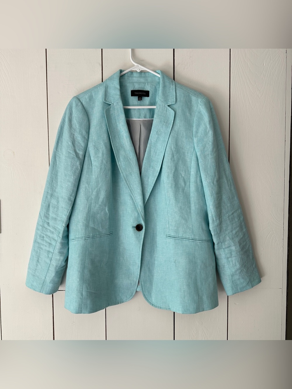 Talbots Linen Blazer Jacket Sz 14 Aqua Blue One Button Closure